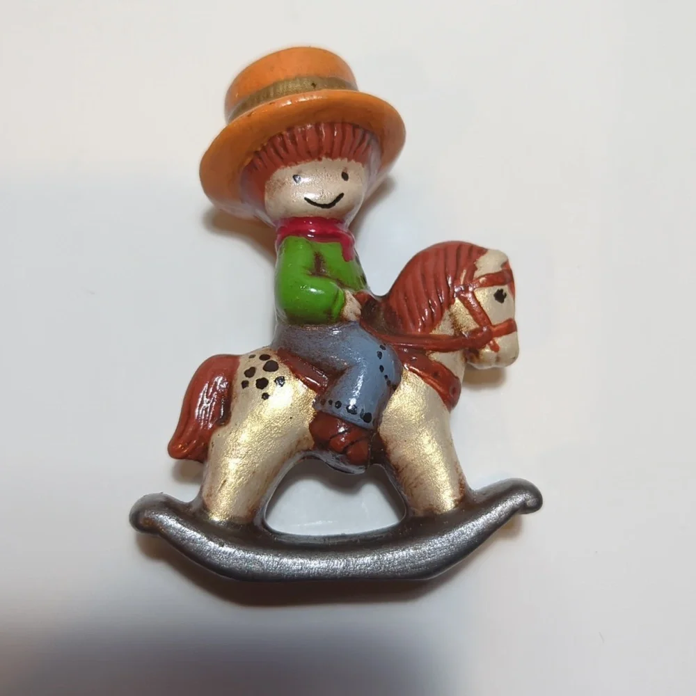 4 pc ceramic figures Karol Miller skier sleigh rocking horse boy girl winter
